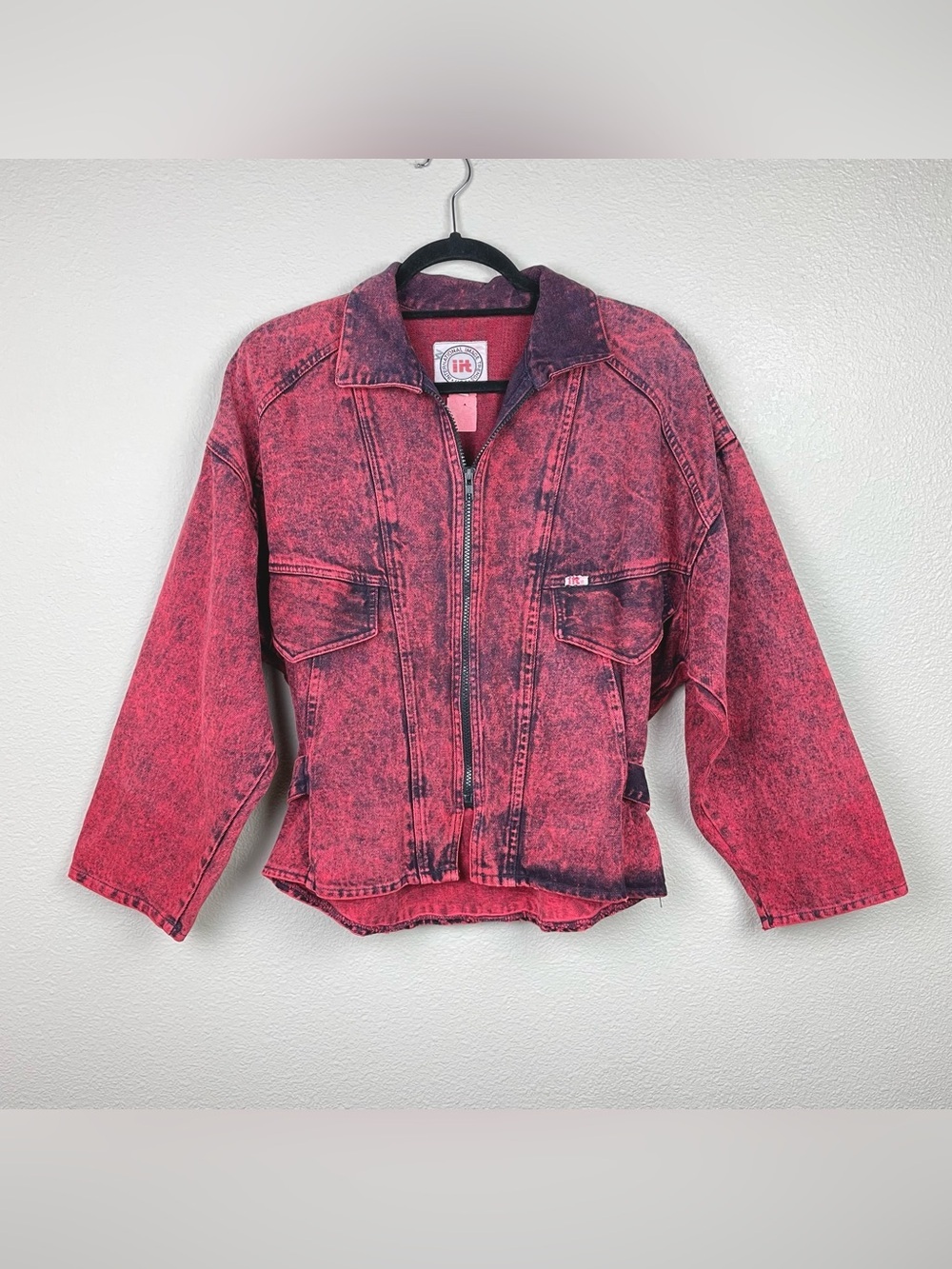 VTG Red Acid Wash Cinched Waist Crop Denim Jacket Full Zip Women's Medium